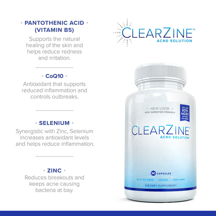 ClearZine Acne Pills for Teens & Adults (2 Bottles) | Clear Skin Supplement, Vitamins for Hormonal & Cystic Acne, 90 Caps Each