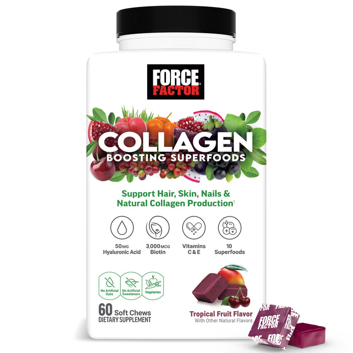 Force Factor Collagen Boosting Superfoods, Vegan Collagen Booster for Women, with Biotin, Hyaluronic Acid, and Vitamin C, for Hair, Skin, Nails, & Joint Support, Tropical Fruit, 60 Soft Chews