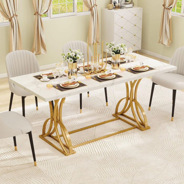 DWVO 70.3" Large Modern Dining Table for 6-8 People Rectangular White Kitchen Dining Room Table with Faux Marble Tabletop and Gold Geometric Metal Legs Farmhouse Wood Dinner Tables, White and Gold