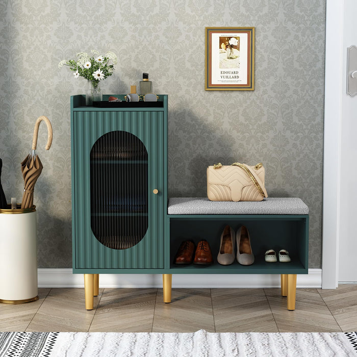 HLR Storage Bench with Glass Door&Shelf, Modern Entryway Shoe Cabinet Bench with Padded Seat, Green L-Shaped Storage Cabinet for Hallway, Bedroom, Living Room, Office