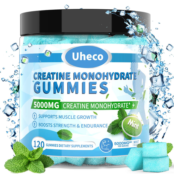 Uheco Mint Flavor Creatine Monohydrate Gummies for Men & Women,Contains L-Taurine + Vitamin B12, Betaine, L-Citrulline for Improve Exercise Endurance, Muscle Strength -120 Count