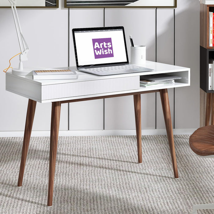 Artswish White Writing Desk with Drawers Mid Century Modern Desk, Wood Office Computer Desks for Small Space, White Desks with Walnut Legs