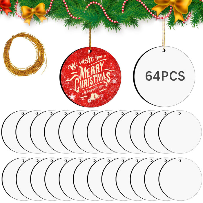 64 Pcs Round Sublimation Ornament Blanks, MDF Double Sided Sublimation Christmas Ornaments Blanks for Christmas Tree Decor DIY Crafts