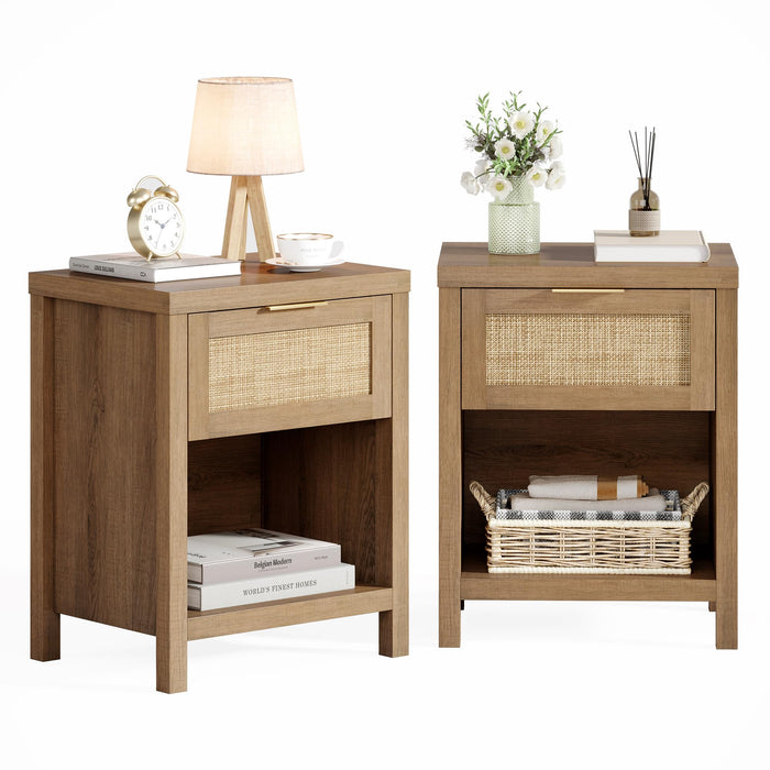 Eclatara Rattan Nightstand Set 2: Boho End Table with Drawer and Storage Shelf, Farmhouse Cane Accent Bedside Night Stands for Bedroom Small Space Sofa (2, Caramel Oak)
