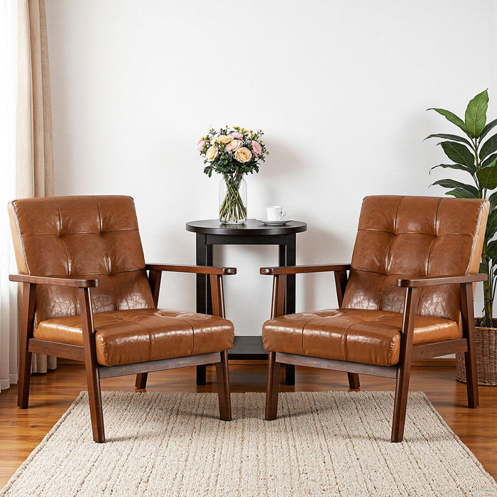 Mid-Century PU Leather Accent Chair Set of 2 Living Room, Comfy Bedroom Chairs for Small Spaces, Modern Brown Reading Nook Armchair with Solid Wood Legs