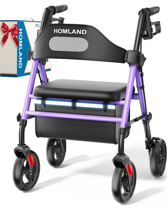 HOMLAND Foldable Rollator Walkers with Seat for Seniors, 8'' Big Wheels, 350 lb. Weight Capacity, Adjustable Handles and Seat Height, Lightweight Rolling Walker, Purple