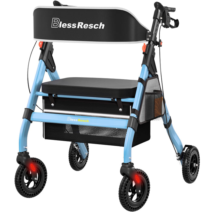 BlessReach Foldable Rollator Walkers with Seat for Seniors, 450 lb Capacity, 8'' Wheels, 18" Big Seat, 6-Position Adjustable Height, Heavy-Duty Aluminum Rolling Walker (Blue)