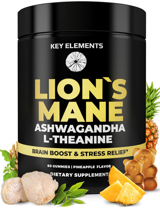 KEY ELEMENTS High Strength Extract Organic Lion's Mane Mushroom Gummies with Ashwagandha & L-Theanine - Potent Lion's Mane Brain Supplements for Memory & Relaxation - Mushroom Gummies for Focus