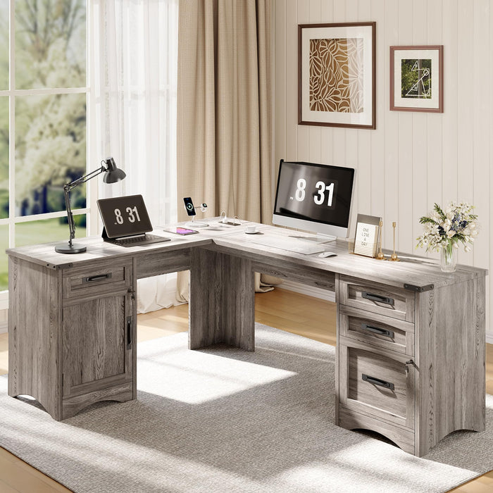 Decofy L Shaped Farmhouse Executive Desk with Drawers, 67" Home Office Desks with Fast Charging Station, Lockable File Cabinet, Wood Writing Computer Desk for Work, Study, Grey