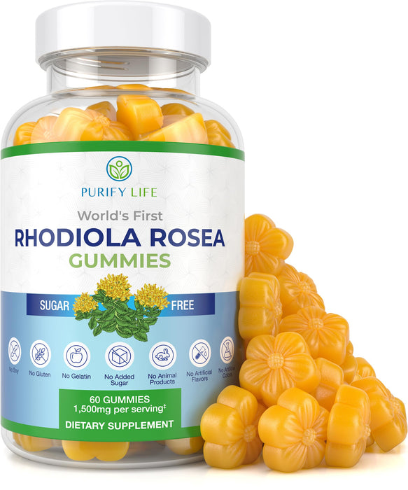 Purify Life Sugar-Free Rhodiola Rosea Gummies (1500mg/Serving) Cortisol Detox & Adrenal Support Supplement - Adaptogenic Rhodiola for Mood, Motivation, Stamina & Performance, Non-GMO, 60 Vegan Chews