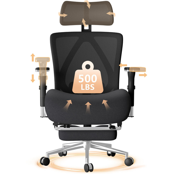 Big and Tall Office Chair 500LBS with Footrest, Ergonomic Mesh Office Chair with Thicken Wide Cushion, 4D Armrest, Adjustable Lumbar Support & Headrest, Executive Computer Desk Chair for Home, Black