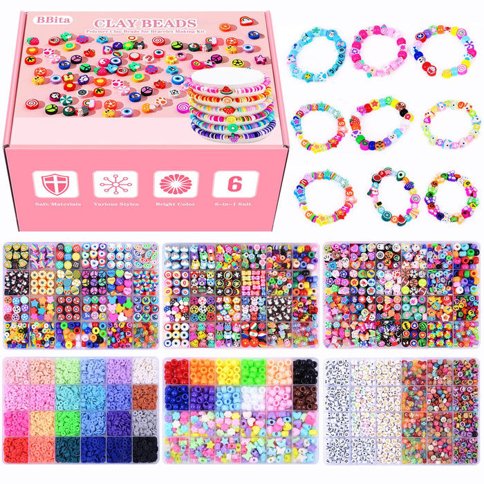 Christmas Gift Set,10000PCS Polymer Clay Beads Bracelet Making kit, Cute Fun Beads Fruit Flower Animal Cake Butterfly Heart Beads Charms for Jewelry Making DIY Accessories for Children Girls