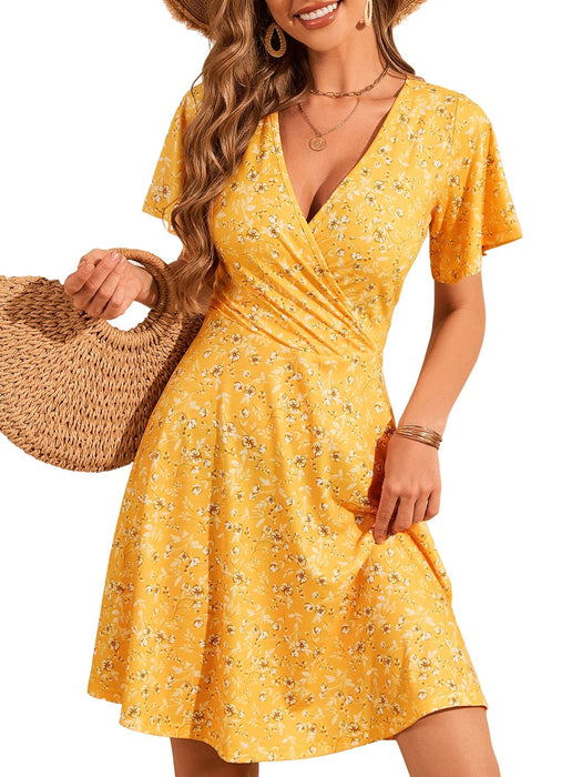 FENSACE Womens Spring Outfits Summer Flattering Knee Length Women Easter Dress(Yellow White Floral-71,Small)