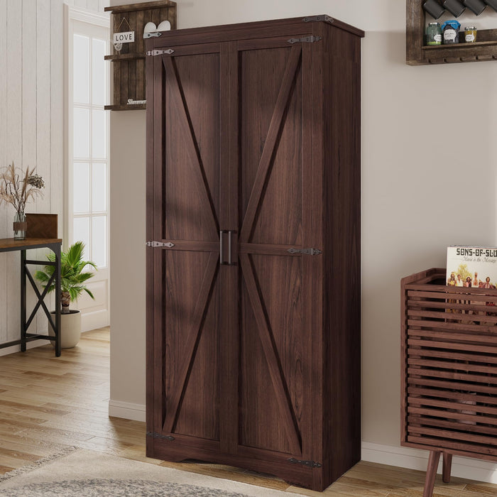 Befrases Farmhouse Storage Cabinet with Adjustable Shelves, Large Pantry Organize with 2 Barn Doors, Tall Freestanding Cabinet for Kitchen, Bathroom, Garage, Basement, Living, Utility Room, Brown