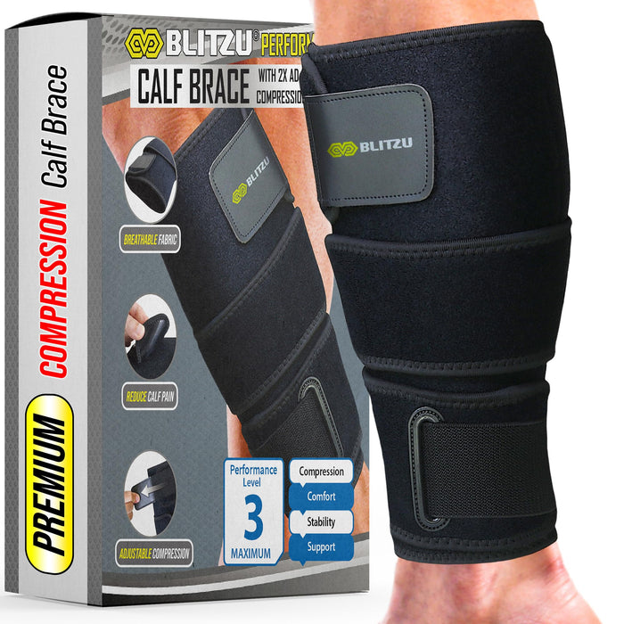 BLITZU Calf Brace for Torn Calf Muscle, Adjustable Neoprene Compression Sleeve for Women, Men, Runners. Support Wrap for Shin Splints, Strain, Tear, Lower Leg Tibia Injury, and Pain Relief. L-XL