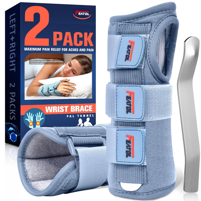 FEATOL 2 Pack Wrist Brace for Carpal Tunnel Relief, Adjustable Wrist Support Brace with Metal Splints Both Hands, Medium/Large, for Arthritis, Tendonitis, Sprain, Injuries, Wrist Pain, Right and Left, Grey