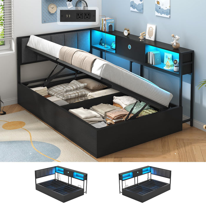 Hasuit Corner Twin Lift Up Storage Bed Frame with Charging Station & LED Lights, Twin Day Bed with Upholstered Headboard and Bookcase, Corner Beds with Hydraulic for Kids Teens Guests, Black
