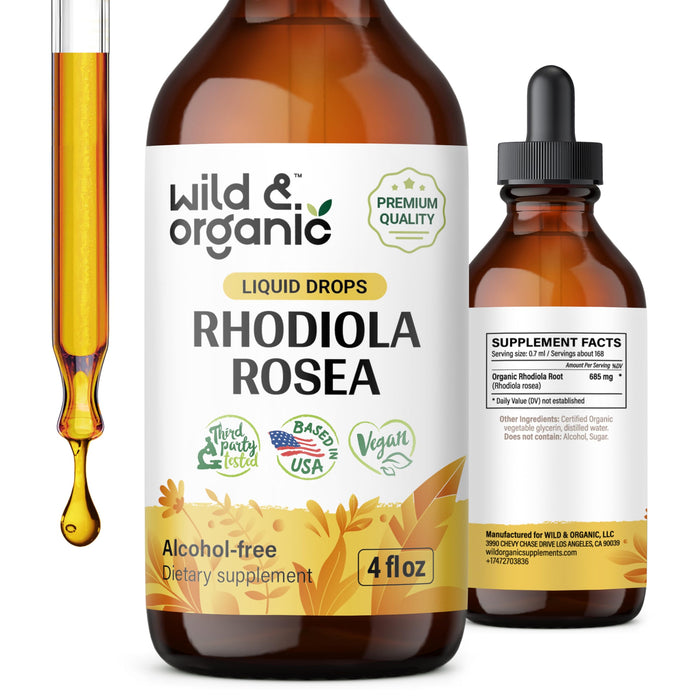 Wild & Organic Rhodiola Rosea Tincture - Rhodiola Rosea Supplement for Mood Support - Relaxing Root Extract Liquid Drops - Vegan, Sugar & Alcohol-Free - 4 fl oz