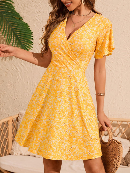 FENSACE Spring Clothes for Women 2025 Summer Short Sleeve Cute Easter Dresses(Yellow White Floral-70,Large)