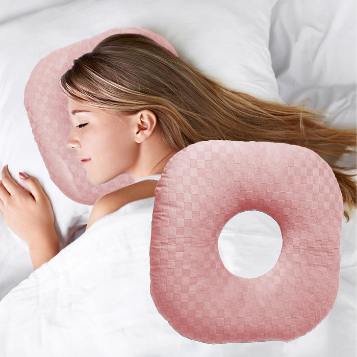 Wuronsa Ear Piercing Pillow for Side Sleepers, Pillow with an Ear Hole for CNH and Ear Pain Ear Inflammation Pressure Sores, O-Shaped Side Sleeping Pillow, Ear Guard Pillow (Light Pink)