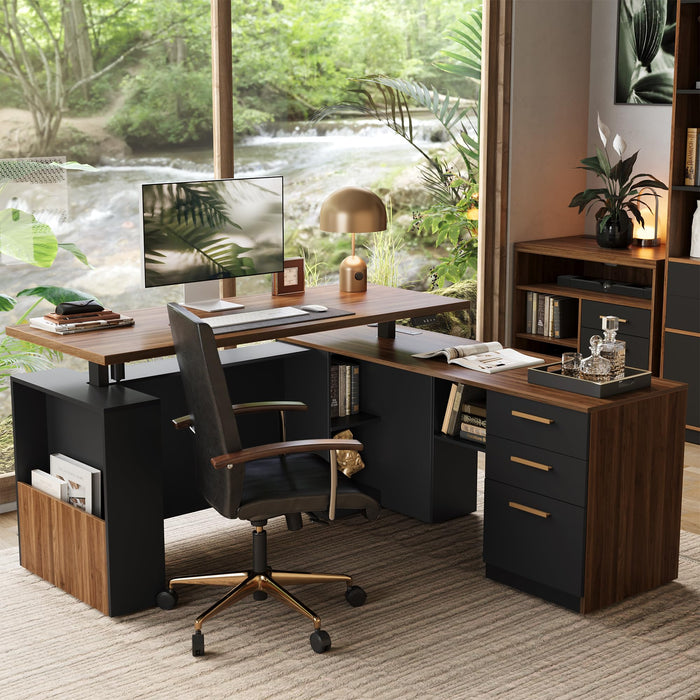 ModernMate 63" Standing Desk with File Cabinet, Privacy Panel, AC/USB, 1.18" Desktop, Executive L Shaped Height Adjustable Electric Stand Up Desk, Home Office Table with 3 Drawers, Black Walnut