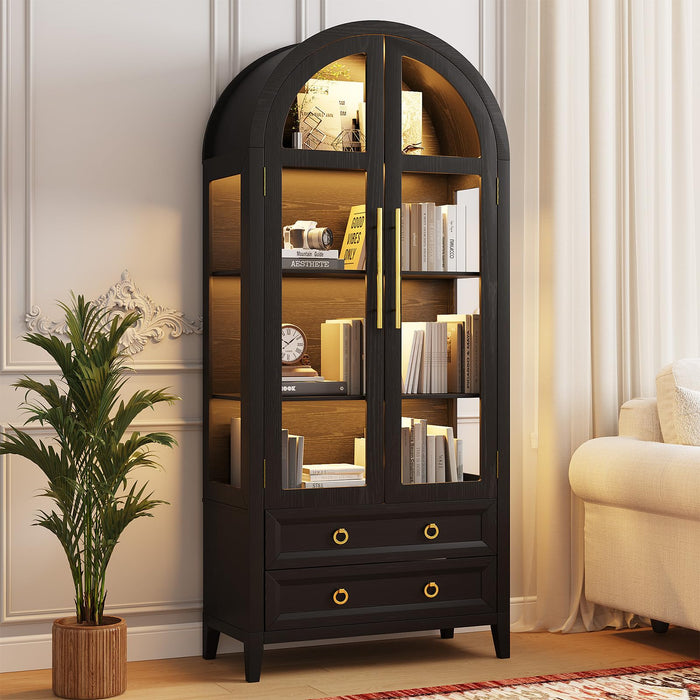LVSOMT 71" Tall Arched Storage Cabinet with Glass Doors and Drawers, Curio Display Cabinet with Adjustable LED Light & Human Sensor, 4-Tier China Cabinet for Living Room(Black)