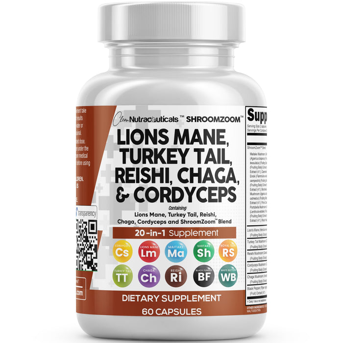 Clean Nutraceuticals Lions Mane 20in1 Mushroom Supplement with Turkey Tail Reishi Cordyceps Chaga Maitake Meshima Poria Cocos Shiitake Oyster Porcini Enoki - Pack