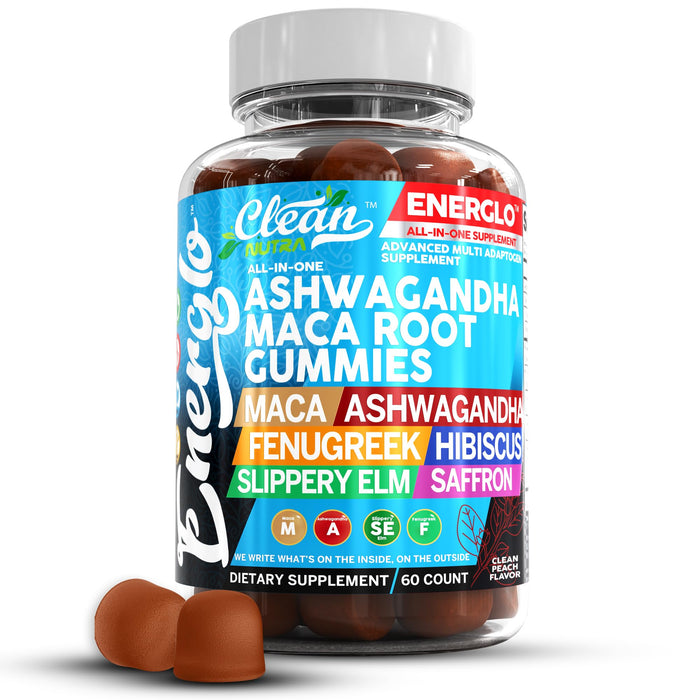 Ashwagandha Maca Root Gummies with Fenugreek Hibiscus Slippery Elm Saffron Extract & Beta Carotene | Peach Flavor Vegan Gummy Vitamins Adaptogen Cortisol Supplement Energlo by Clean Nutra
