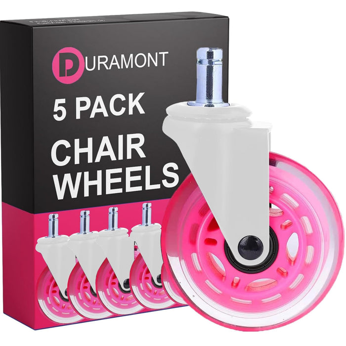 Office Chair Wheels - Set of 5 Rollerblade-Style Casters, Smooth & Quiet Rolling, Protects Hardwood Floors & Carpets, Universal Fit, Durable and Long-Lasting - Pink