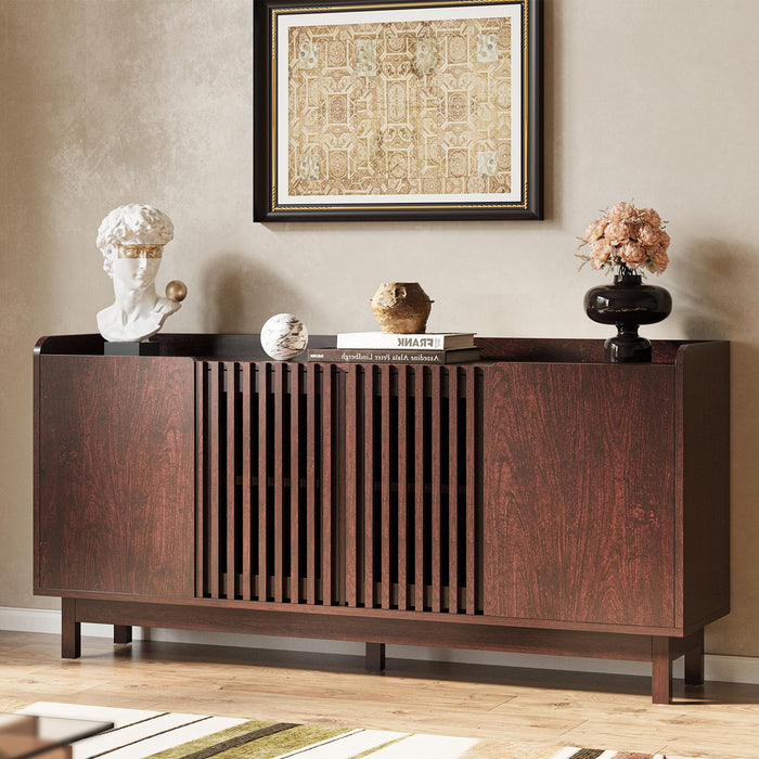 IRONCK Storage Cabinet, Buffet Cabinet with Grille Doors and 2 Adjustable Shelves, Mid Century Sideboard for Kitchen, Dining Room, Entryway（Natural Red Walnut）