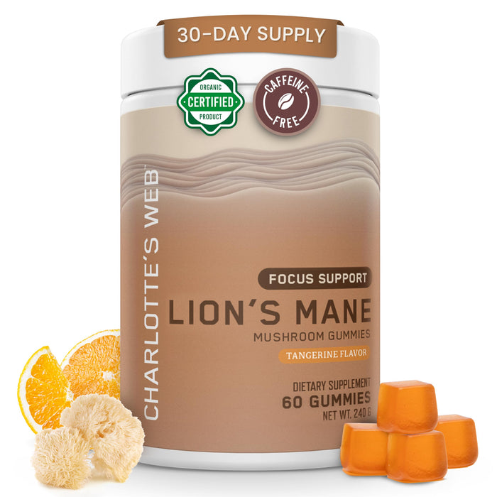 Charlotte's Web Focus Support Mushroom Gummies for Focus and Energy w/Lion’s Mane, Natural Cognitive Support Lions Mane Gummies for Adults — Tangerine Flavor (30 Servings)