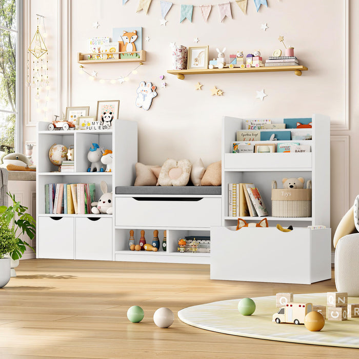FOTOSOK 72” Kids Bookshelf with Reading Nook, Large Toy Storage Organizer with Seat Cushion and 3 Movable Drawers, Kids Reading Nook Toy Organizers and Storage with Bench for Living Room, White