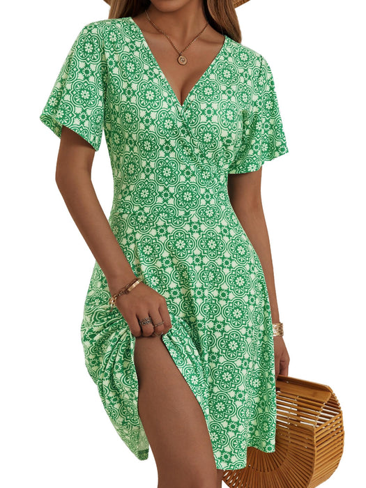 FENSACE Boho Dresses for Women 2025 Ruffle Short Sleeve Country Summer Dress(Green Beige Floral-67,Medium)