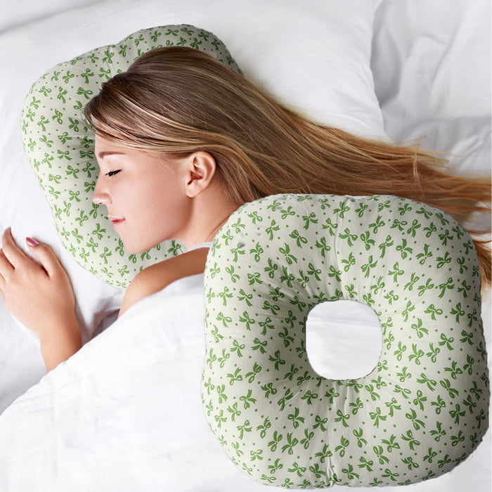 Wuronsa Ear Piercing Pillow for Side Sleepers, Pillow with an Ear Hole for CNH and Ear Pain Ear Inflammation Pressure Sores, O-Shaped Side Sleeping Pillow, Ear Guard Pillow(Green Flower)