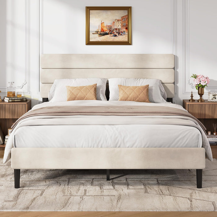 WLIVE Queen Size Upholstered Bed Frame, Velvet Square Tufted Headboard, Sturdy Metal & Wooden Slats Support, No Box Spring Needed, Beige