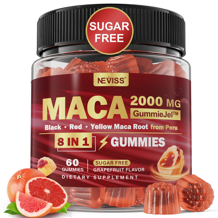 Maca Root Filled Gummies for Women Men | Sugar Free | Made in USA | Organic Black, Red, Yellow Maca Root Supplement Gummy 2000mg with Ashwagandha Ginseng | Vegan, Non-GMO, Grapefruit Flavor, 60 Count