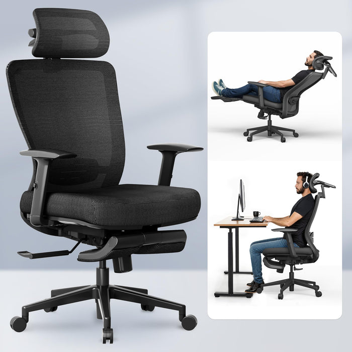 FLEXISPOT Ergonomic Office Chair with Footrest, Mesh Back Computer Chair, Home Office Desk Chairs, with Adjustable Lumbar Support/4D Headrest/Reliable Base, Elastic Foam Seat, Black, OC3 Cloud-F