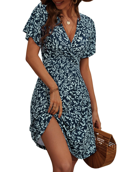 FENSACE Womens Summer Dresses Wrap V Neck Short Sleeve A Line Knee Length Dress(Floral-15,X-Large)