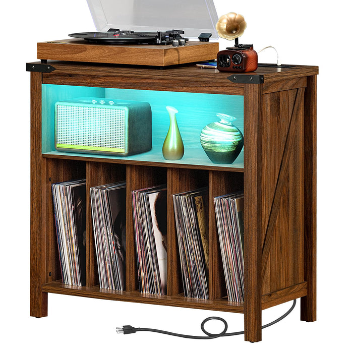 Joaxswe Large Record Player Stand with Charging Station & LED Lights, Vinyl Records Storage Holder Cabinet Holds up to 230 Albums, Turntable Stand for Music Room, Bedroom, Living Room, Office (Brown)