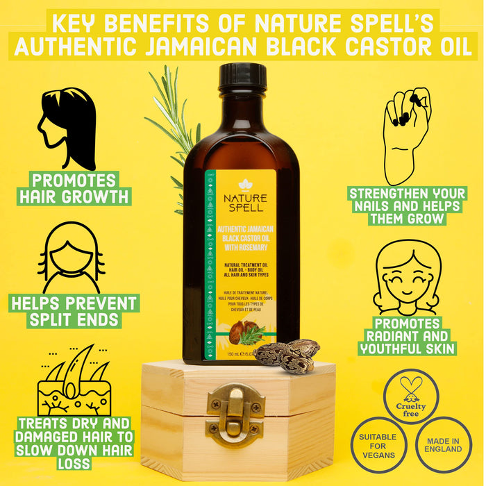 Nature Spell Jamaican Black Castor Oil Infused with Rosemary for Hair & Body, Strengthen Hair Roots & Treat Damaged Hair, 5.07 Fl Oz