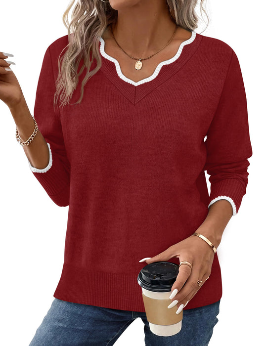 Women's V Neck Pullover Sweaters Cozy Sweaters for Women Trendy Fall Tops Winter Clothes Ugly Christmas Red Sweater 2XL