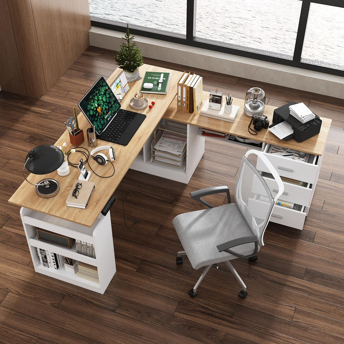 MOUMON L Shaped Standing Desk with Drawers and Shelves, Executive Adjustable Height Desk, L-Shaped Design, 63 inch Tabletop, for Office Oak and White (63”W x 63”D x 28.9-45.3”H)