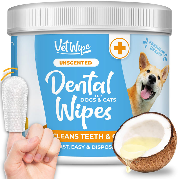 VetWipe Dog Teeth Cleaning Finger Wipes - Easy Cats & Dogs Dental Care Toothbrush and Tooth Brushing Kit, Freshen Bad Breath, Reduces Plaque - 50 Count