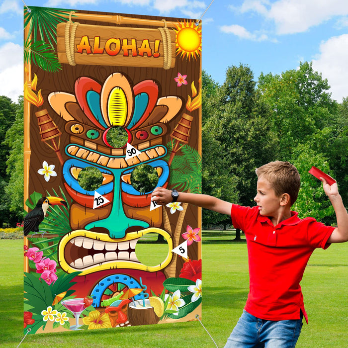 Retros Marketr Party Games Hawaiian Tiki Party Toss Games Banner with 3 Bean Bags Totem Decor for Summer Tropical Carnival Supplies