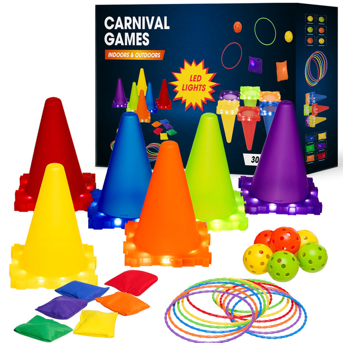 Retros Market Plastic Cones and Rings with LED Lights, Ring Toss 3 in 1 Game for Adults Carnival Game for Kids, Ring Toss,Balls and Bean Bag Hard Plastic Cones Birthday Party, Gift Kids Age 4 5 6 7 8 9 and Up