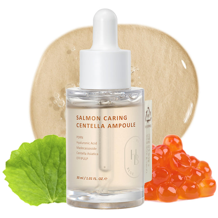 HEVEBLUE Salmon Caring Centella Ampoule - Salmon PDRN, Salmon Egg Extract, Centella, Madecassoside, Calming, Soothing, Restore and Rejuvenate, Sensitive Skin, Korean Skincare