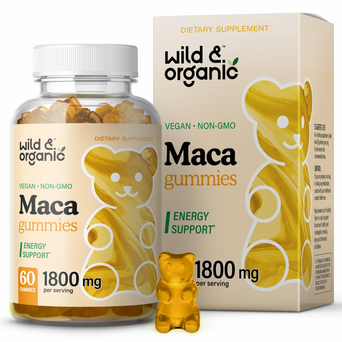 Wild & Organic Maca Root Gummies 1800mg - Yellow, Red, Black Maca Powder Chews for Overall and Mood Support - Peruvian Supplement for Men and Women - 60 Vegan, Non-GMO Gummies