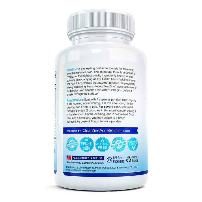 ClearZine Acne Pills for Teens & Adults | Clear Skin Supplement, Vitamins for Hormonal & Cystic Acne, 90 Caps