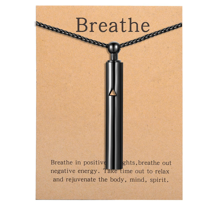 Anxiety Breathe Easy Necklace Mindfulness Breathing Necklace Breathlace Stainless Steel Pendant for Natural Calm & Stress Relief (Black T)