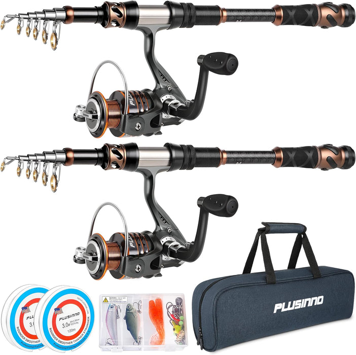 PLUSINNO Fishing Rod and Reel Combos - Carbon Fiber Telescopic Fishing Pole - Spinning Reel 12 +1 Shielded Bearings Stainless Steel BB - 2.1M 6.89FT